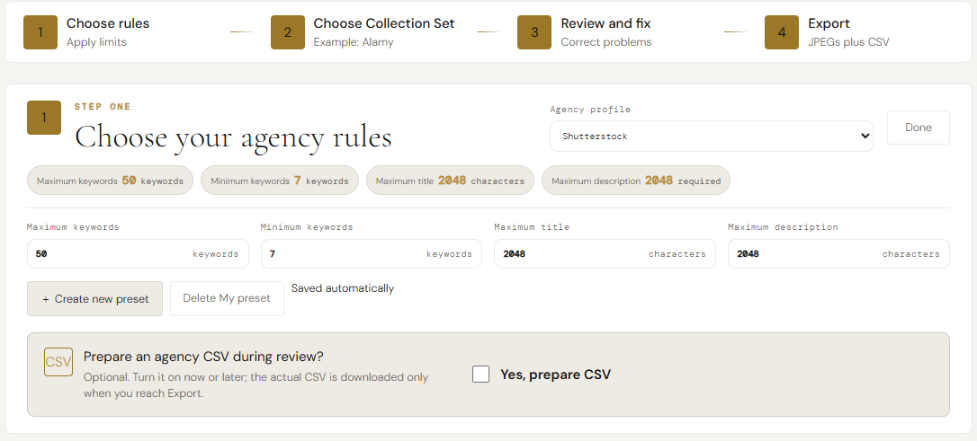 MetaMagic Batch Review agency rules section showing Shutterstock profile and metadata limits