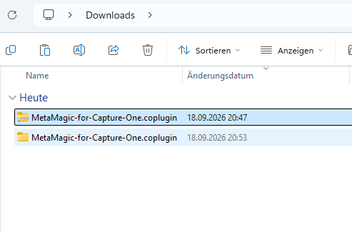 MetaMagic Capture One plugin ZIP and extracted folder in Windows Downloads