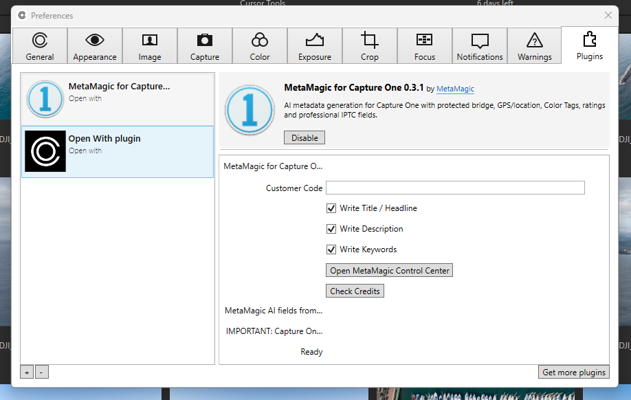 Capture One Plugins preferences showing MetaMagic for Capture One 0.3.1