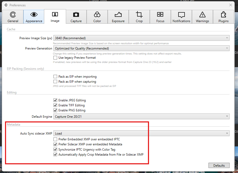 Capture One Image preferences metadata XMP settings required for MetaMagic