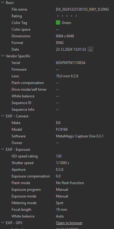 Capture One metadata showing MetaMagic Color Tag
