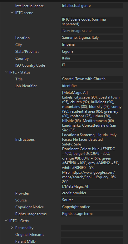 MetaMagic AI summary in Capture One IPTC Instructions