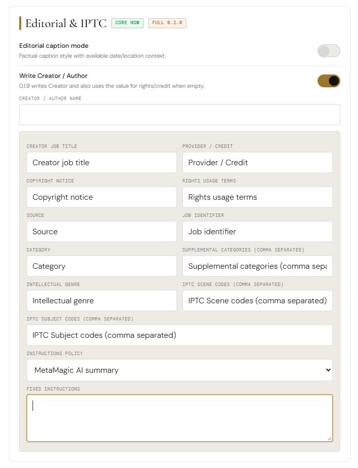 MetaMagic editorial and IPTC settings for Capture One