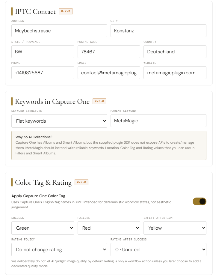 MetaMagic IPTC Contact and keyword structure settings for Capture One