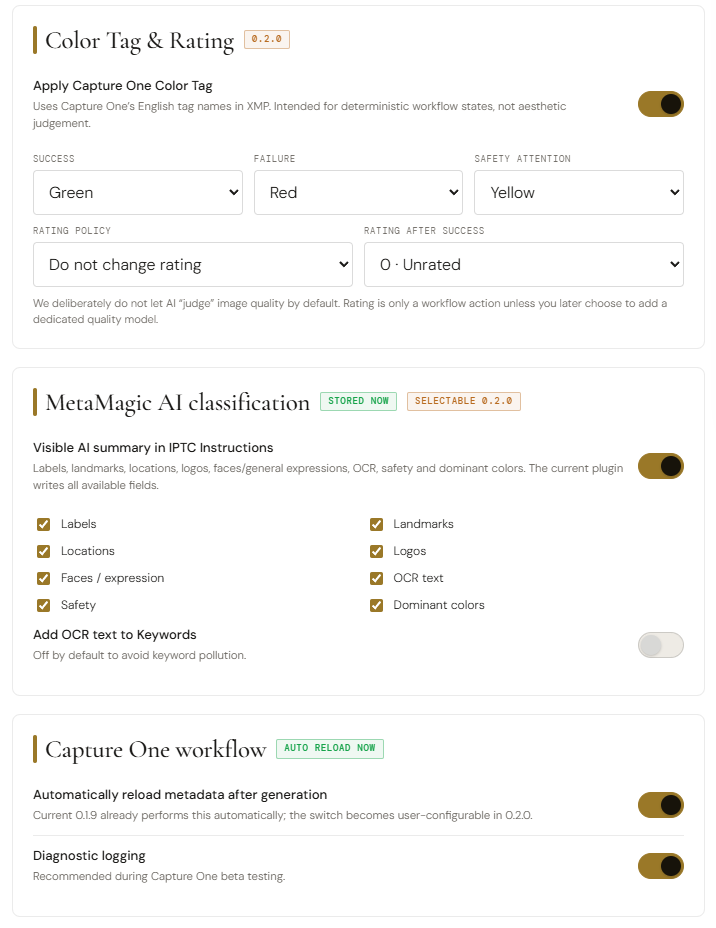 MetaMagic Capture One Color Tag Rating AI classification and workflow settings