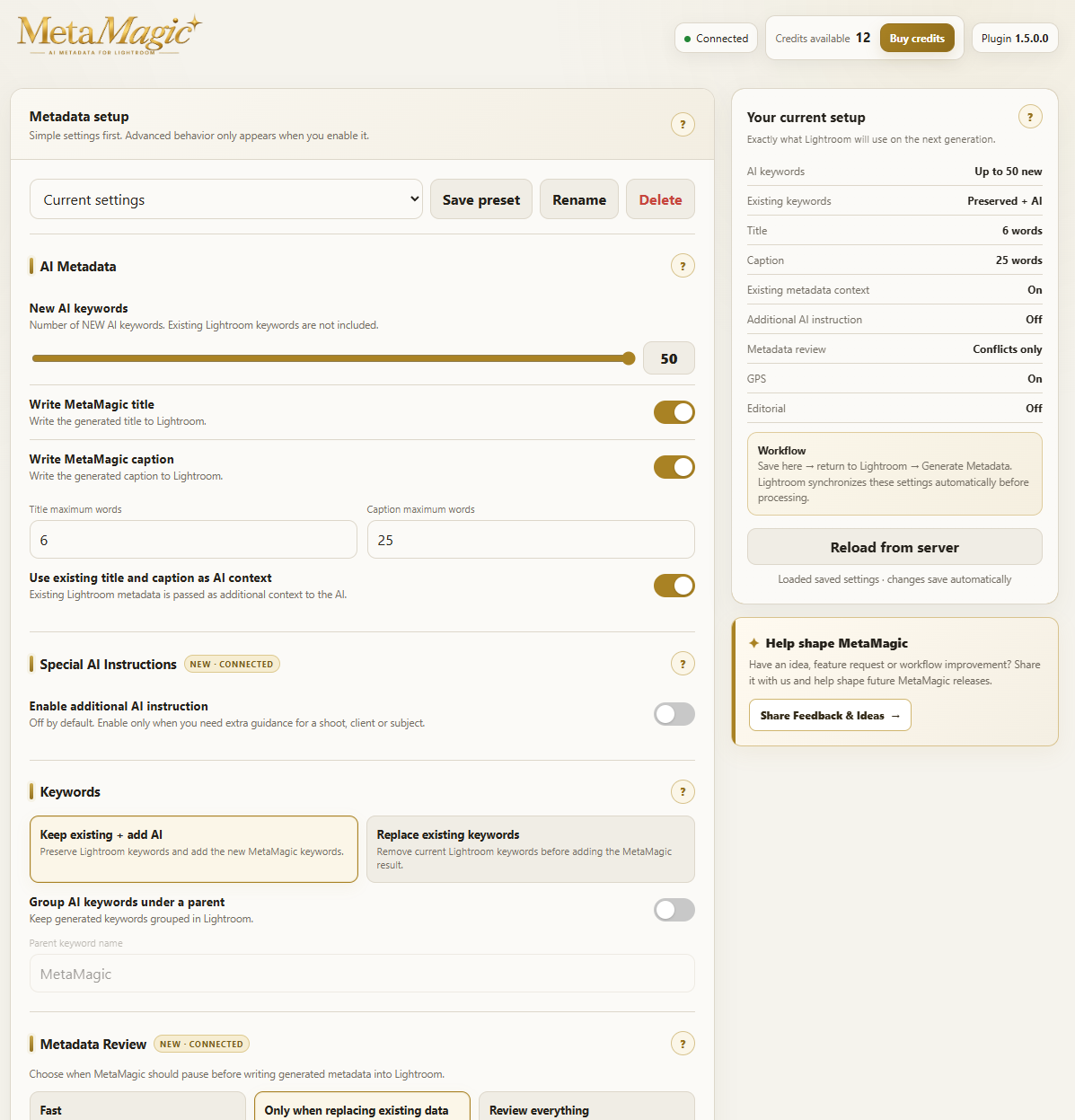 MetaMagic Control Center top section with AI metadata, Special AI Instructions and keyword settings