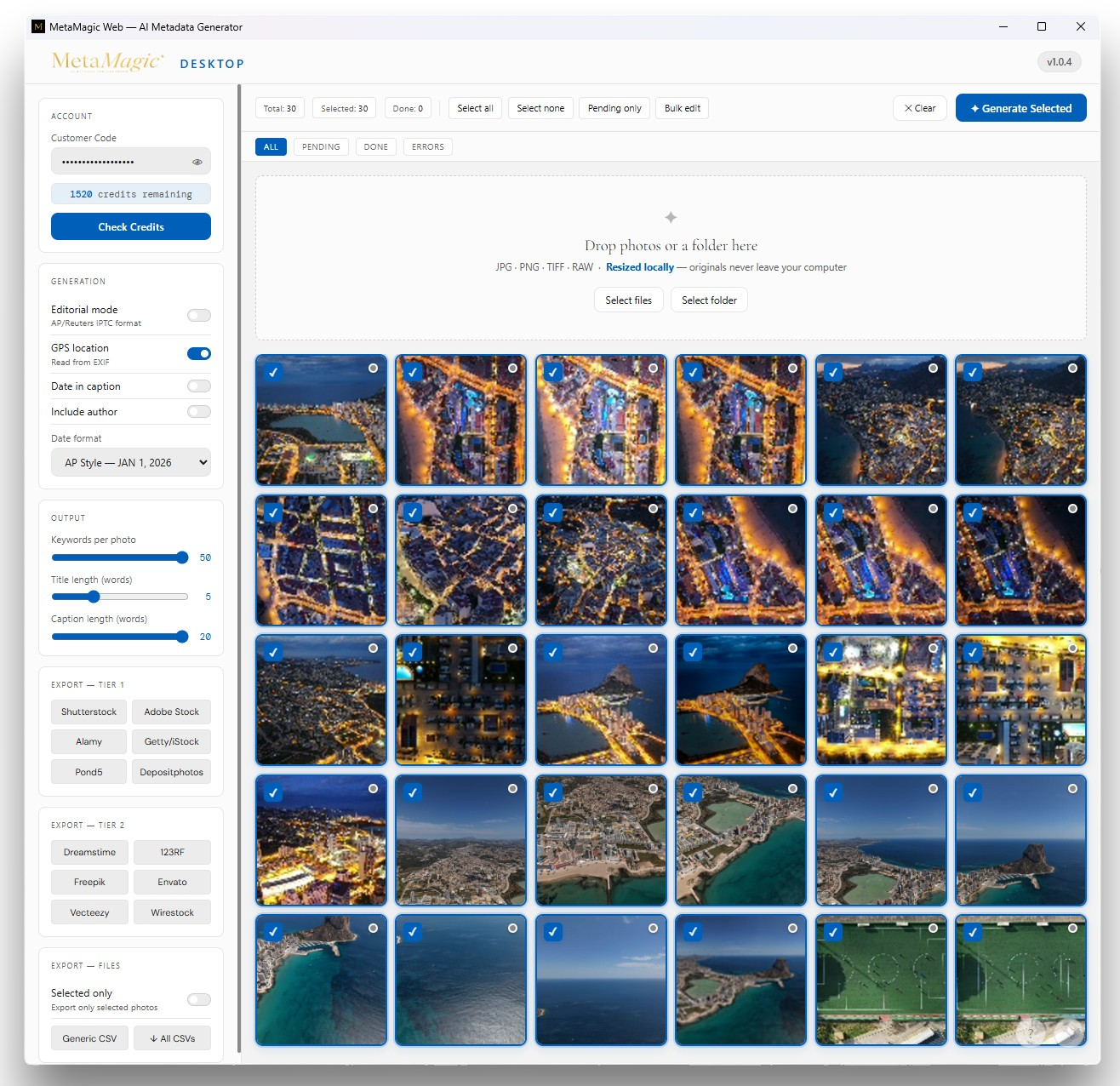 MetaMagic Desktop batch view with selected travel photos