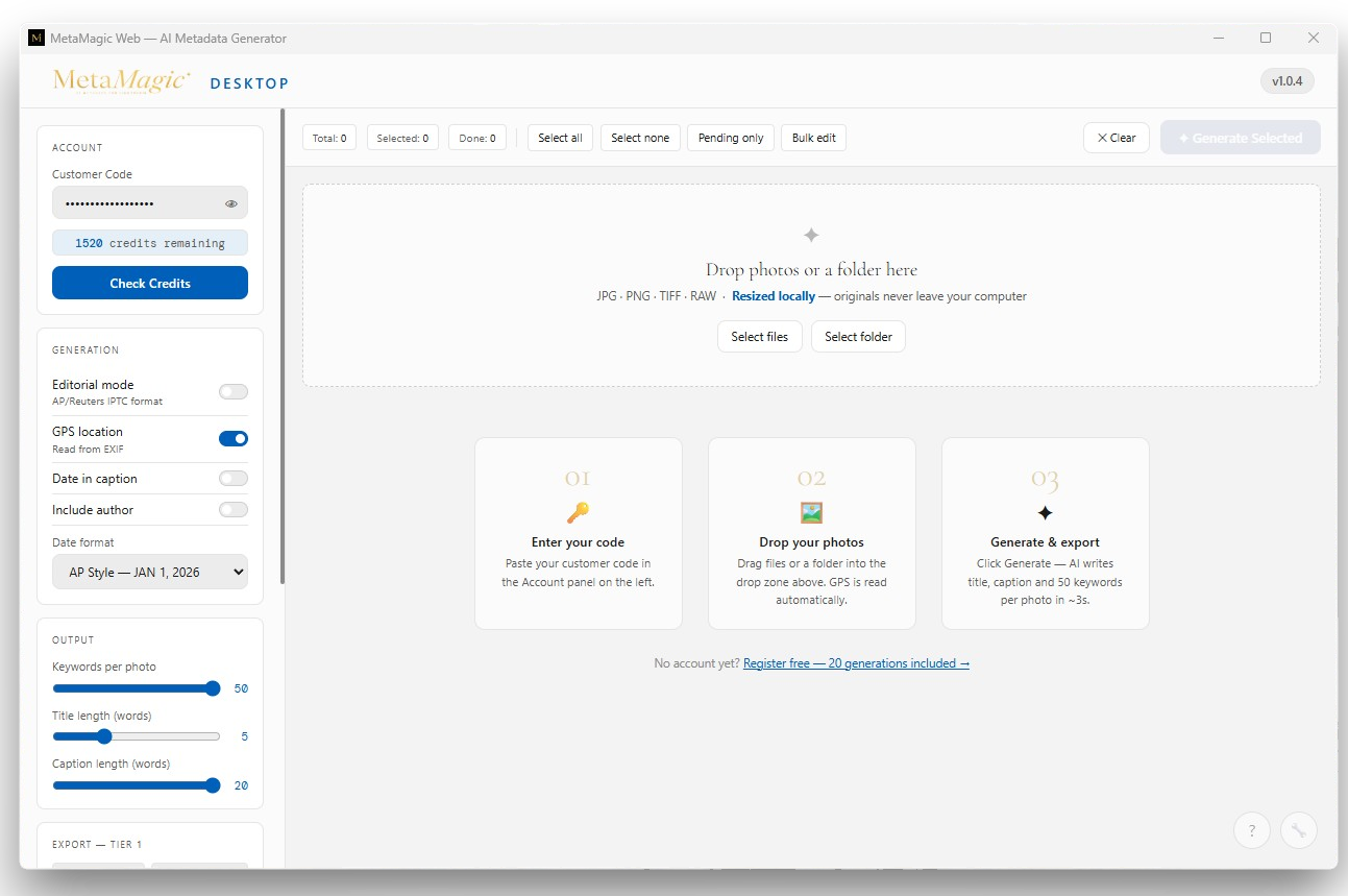 MetaMagic Desktop start screen and generation settings