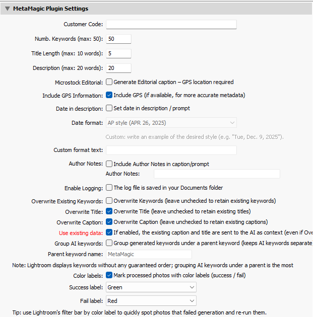 MetaMagic Lightroom plugin settings with controls for keywords, titles, descriptions, GPS, dates, overwrite options and color labels