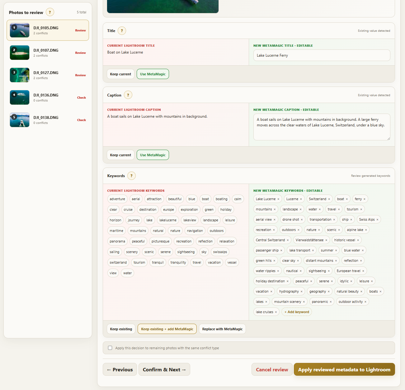 MetaMagic Metadata Review keyword comparison with Keep existing, merge and Replace with MetaMagic options